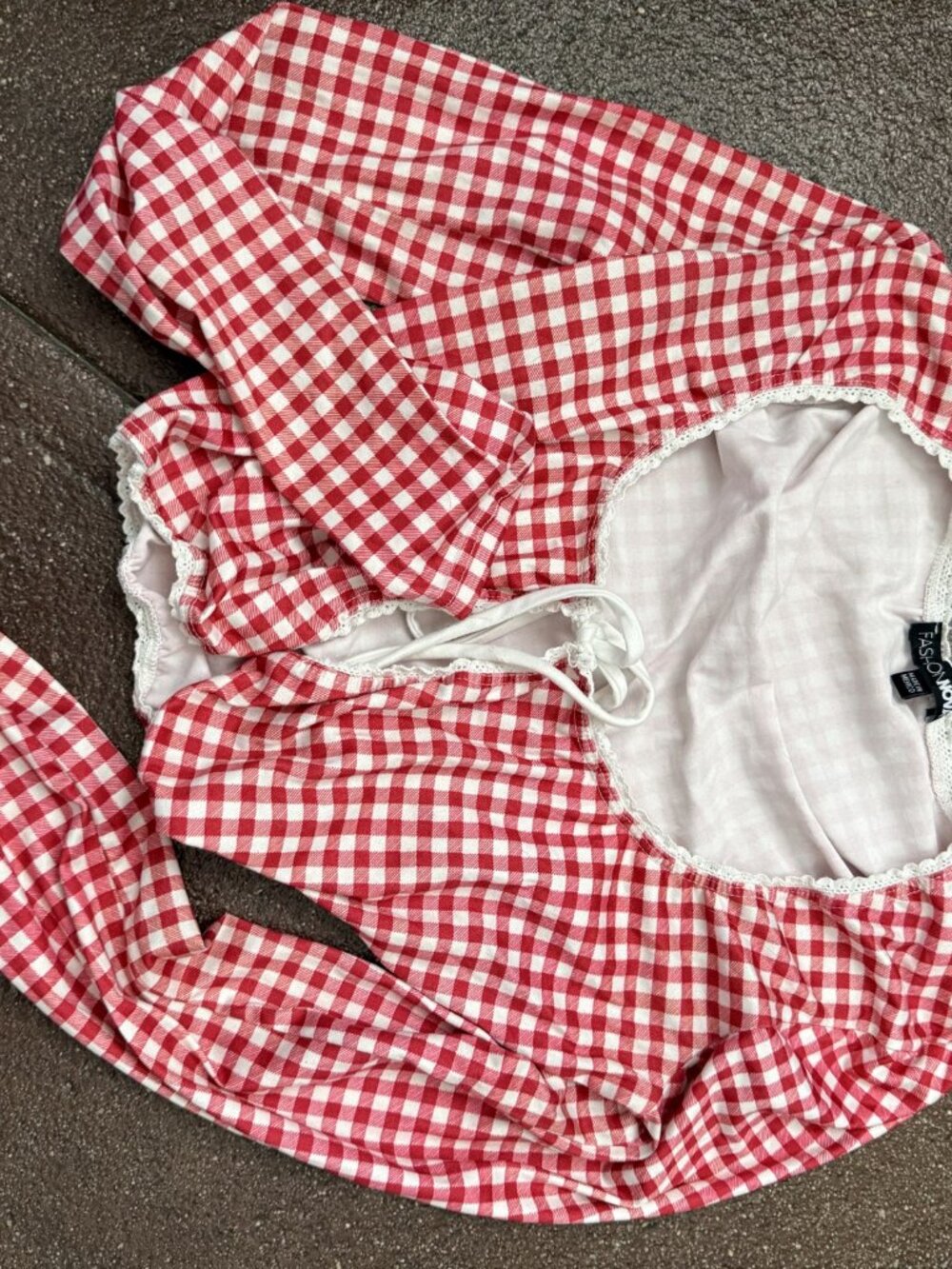 Fashion Nova Red Gingham Milkmaid Top Lace Trim Tie Front Size S